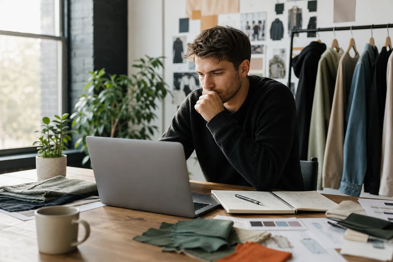 Founder researching how to launch a clothing brand at a laptop